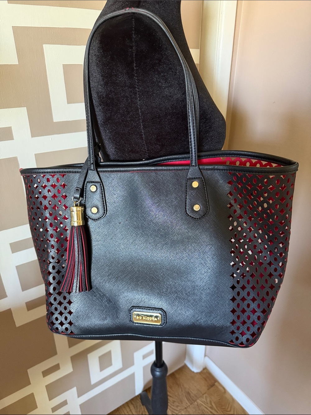 Big Buddha Lg Black Perforated Laser-Cut Shoulder Tote w/Red Lining & Tassel